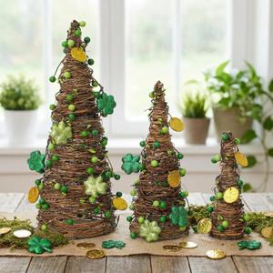 Sotiff 3 Pcs St Patricks Day Decoration Centerpieces Light up Irish Rattan Table Trees 15.8''/ 11.8''/ 7.9'' Rattan Cone Trees with Shamrocks & Green Berries for Saint Patrick Day Party Decor