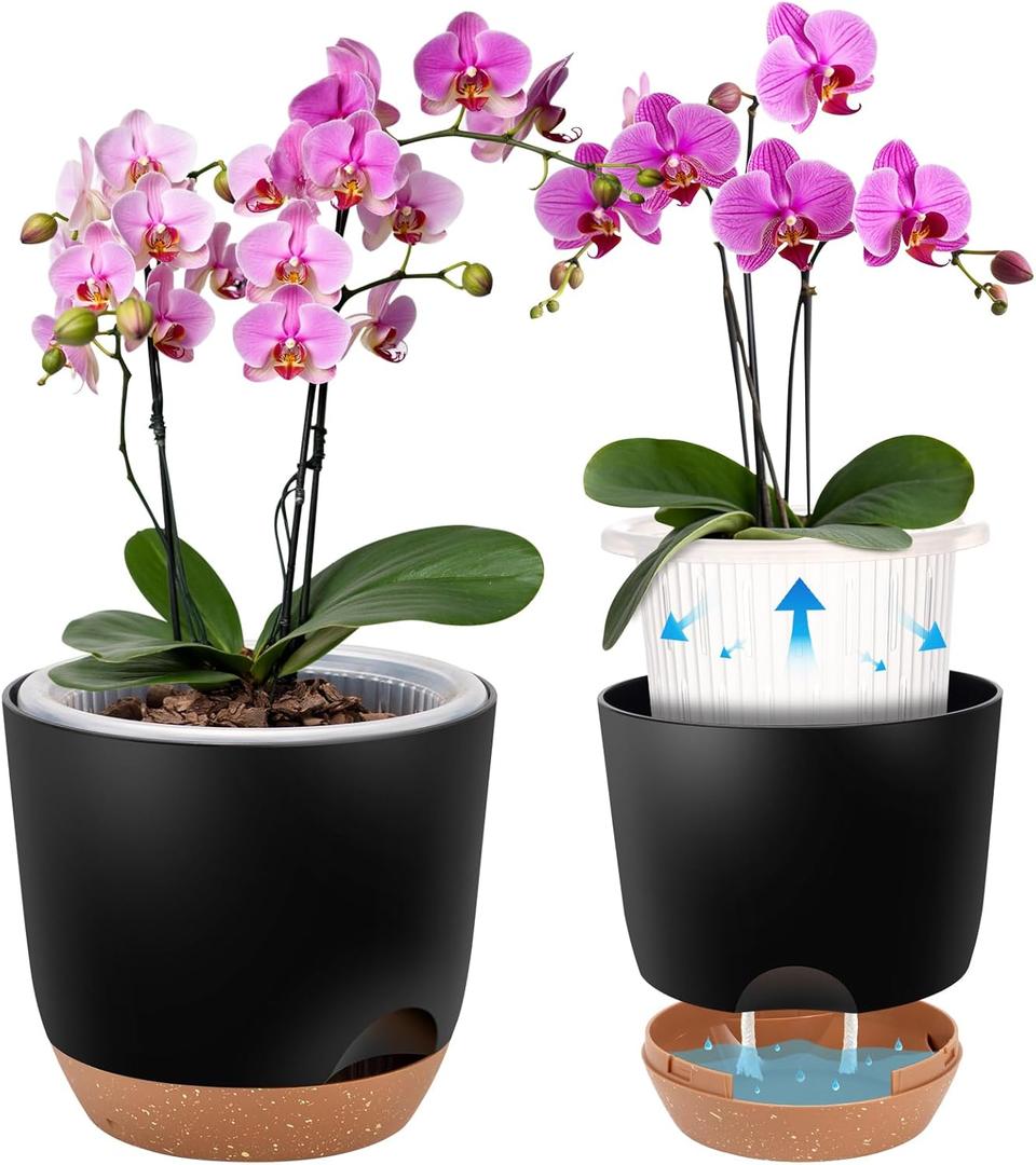 Self Watering Orchid Pots for Indoor Plants,5.8 Inch Macetas para Orqudeas,Flower Pots for Indoor Plants with Holes(Black) (2Pc 5.7IN)