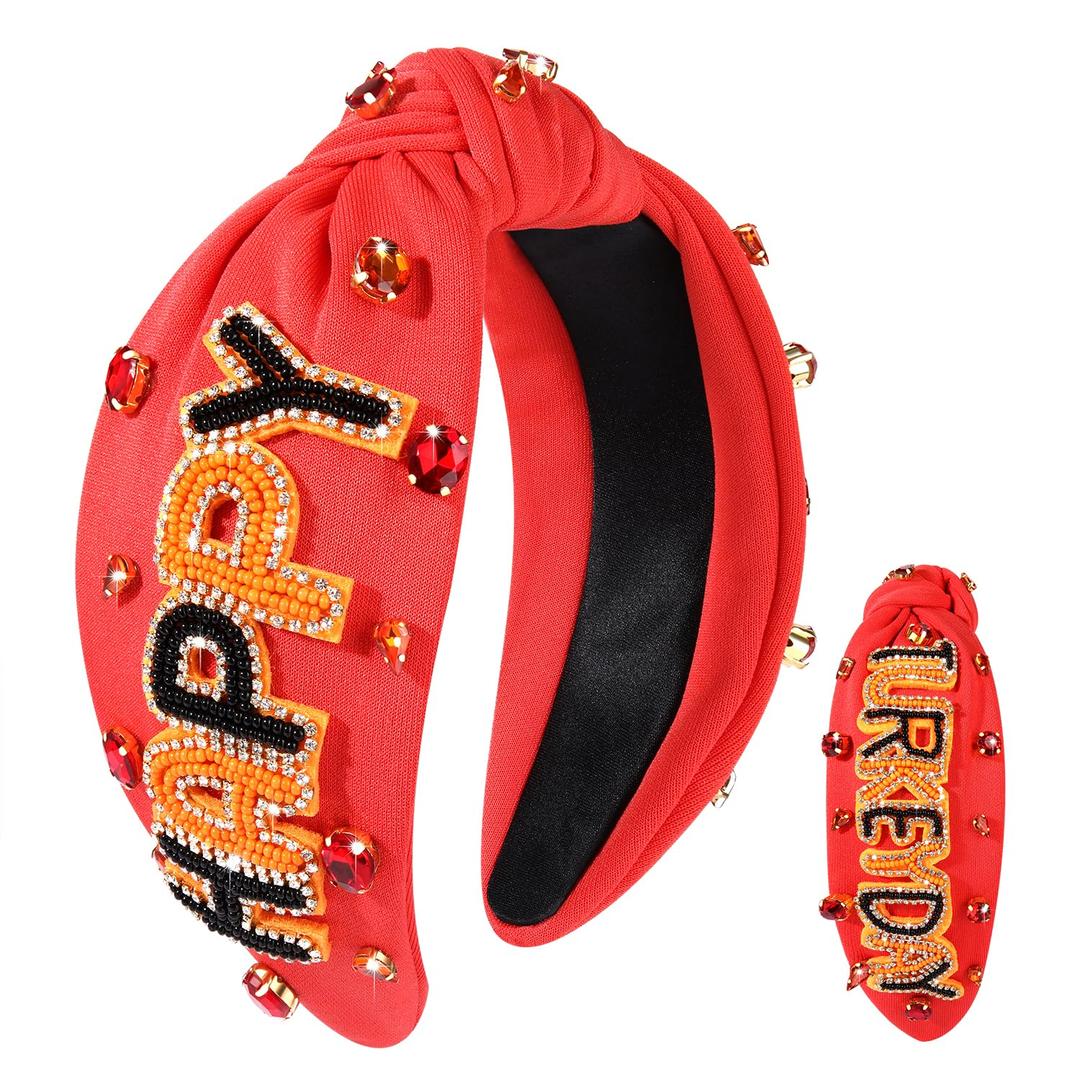 Thanksgiving Fall Headbands for Women Beaded HAPPY TURKEY DAY Hairband Wide Jeweled Crystal Knotted Headband Autumn Fall Thanksgiving Outfits Accessories (Orange)