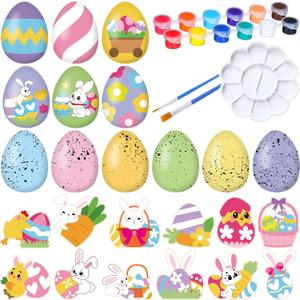 Eaasty 24 Pcs Easter Eggs and Bunny Painting Kit Wooden Eggs and Bunny for Easter Crafts Basket Stuffers Gifts for Kids Birthday Party Favors Classroom Prizes DIY Decor