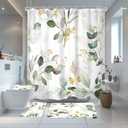 Riyidecor 4 PCS Sage Green Leaves Bathroom Set with Shower Curtain and Rugs Eucalyptus Leaf Botanical Plant 72Wx72H Inch Bathroom Decor Non-Slip Bath Rug Toilet Lid Cover U Shape Mat with 12 Hooks