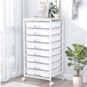 Rolling Storage Cart with Drawers,Utility Cart With 8 Drawers and Wooden Tabletop,Rolling Drawer Cart,Storage Drawer Cart for Living Room,Classroom,Bedroom,Bathroom,Dorm,Office,White