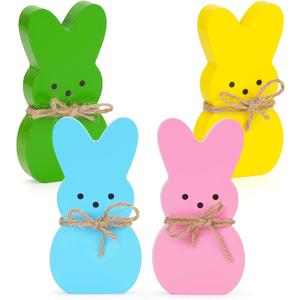 Easter Dcor, 4 Pcs Bunny Table Decorations Wooden Spring Signs for Home, Wood Rabbit Tiered Tray/Mantal Dcor for Farmhouse or Office Party Supplies