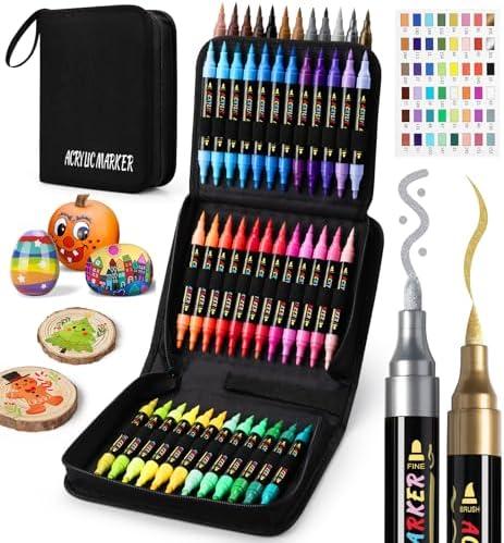 Dual Tip Acrylic Paint Markers, Paint Pens with Fine Tip and Brush Tip Pens, Coloring Markers No Bleed, for Paper, Pottery, Stones, Backpacks, Glass, Eggs, Fabrics, Plastics, Handicrafts