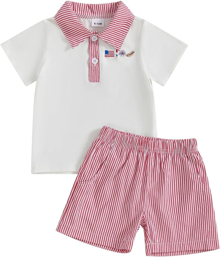 Baby Boy Girl 4th of July Outfit Short Sleeve American Flag Embroidery Polo Shirt Striped Shorts Summer Clothes (Red)
