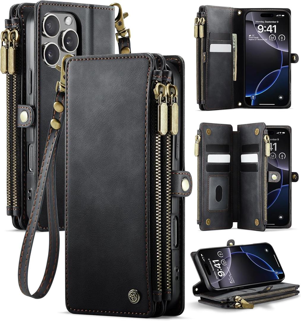 for iPhone 16 Pro Max Case Wallet with RFID Blocking 2-Zipper Pockets & 8-Credit Card Holder Slots & Wrist Strap | Vintage Soft PU Leather Magnetic Snap Flip Protective Phone Cover, Black