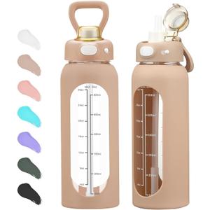 SIEROZUR 32 Glass Water Bottle with Straw and Handle Motivational Water Bottles with Silicone Sleeve and Time Marker Leakproof Borosilicate Water Bottle for Gym Home Office (Amber)