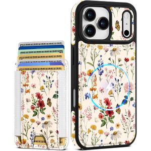 Shorogyt for iPhone 17 Pro Case Wallet - Fits 5 Cards, Compatible with Magsafe Detachable Magnetic Credit Card Holder Leather Cardholder Cute Phone Cover Women Girls for Apple 17Pro, Floral