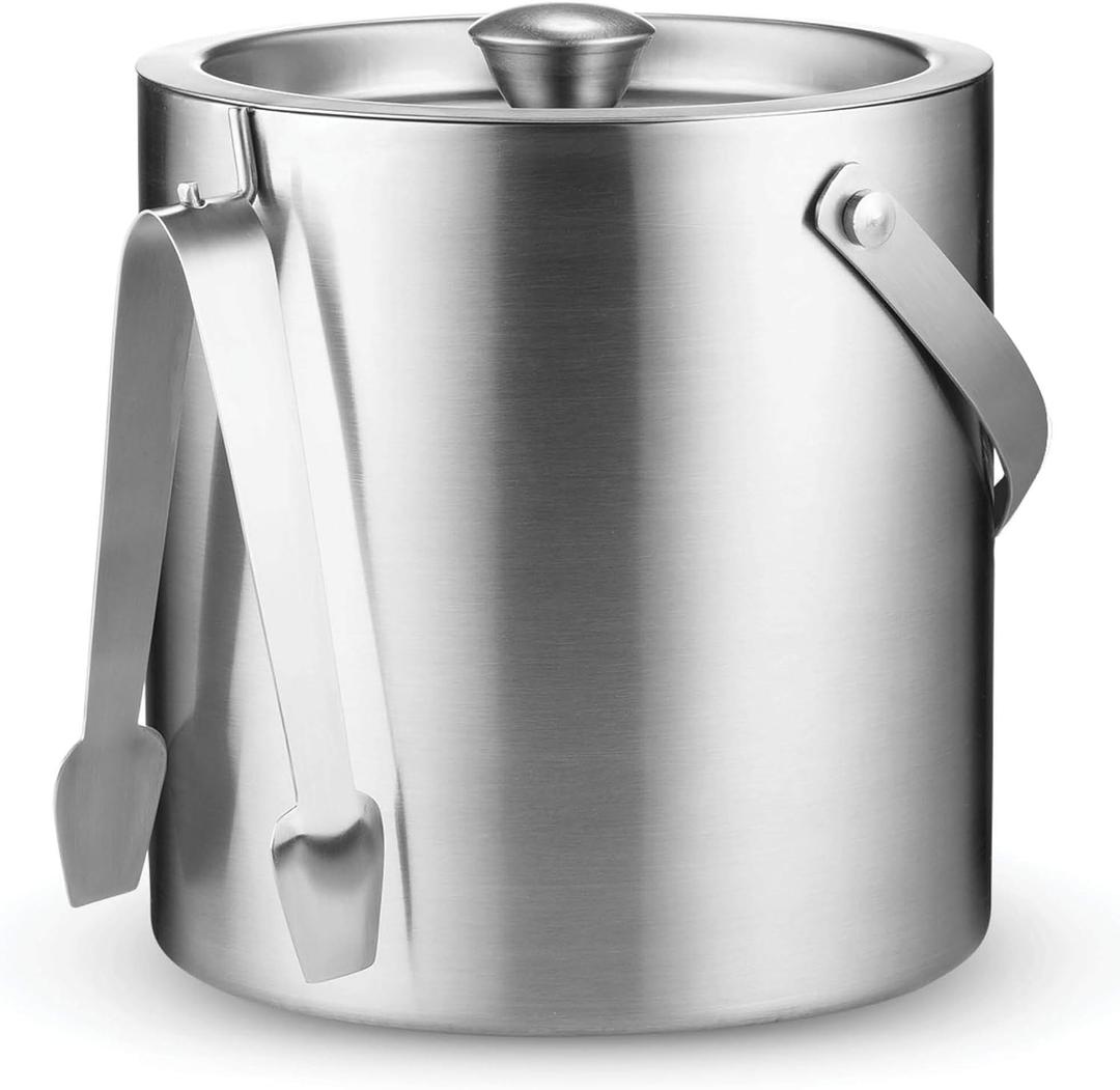 FineDine Double-Wall Stainless Steel Insulated Ice Bucket with Lid & Ice Tong [3 Liter] Included Strainer Keeps Ice Cold & Dry, Carry Leather Handle, Home Bar, Chilling Beer, Champagne, Wine Bottle