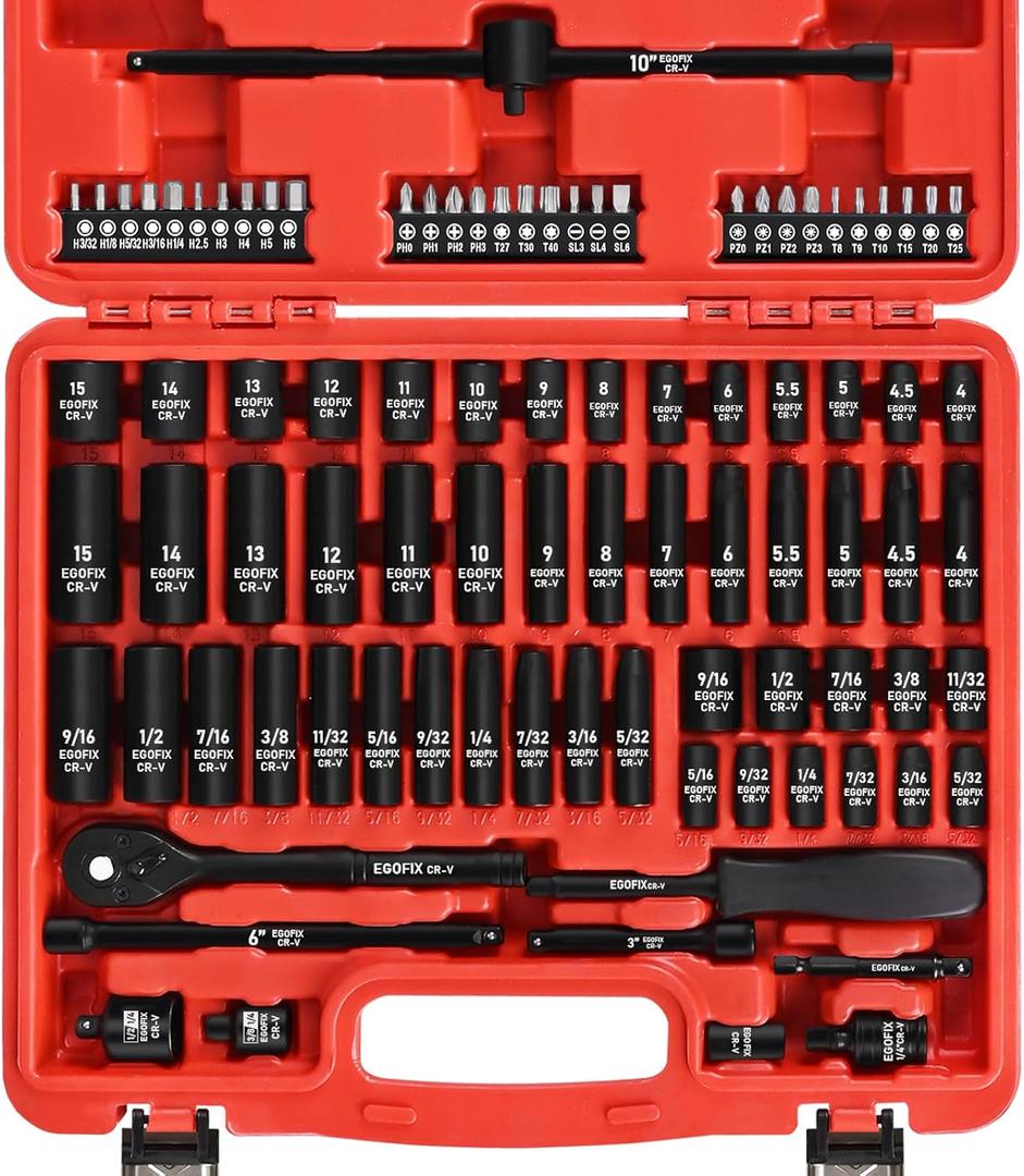 90PCS 1/4" Drive Impact Socket Set Metric 4-15mm and Standard SAE Size (5/32"-9/16"), with 72-Teeth Ratchet, Screwdriver Bit Set, Mechanics Tool Kit for Home Use and Automotive Repair
