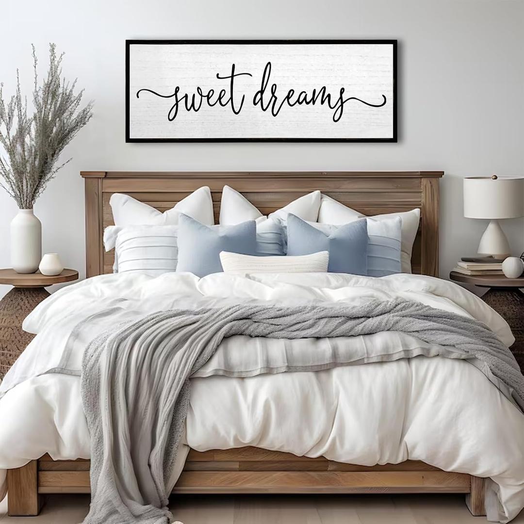 Sweet Dreams Wall Decor Above Bed Sign 24''x10'' Large Wood Framed Master Bedroom Guest Room Sweet Dreams Signs Farmhouse Rustic Wall Art Decoration (Black)