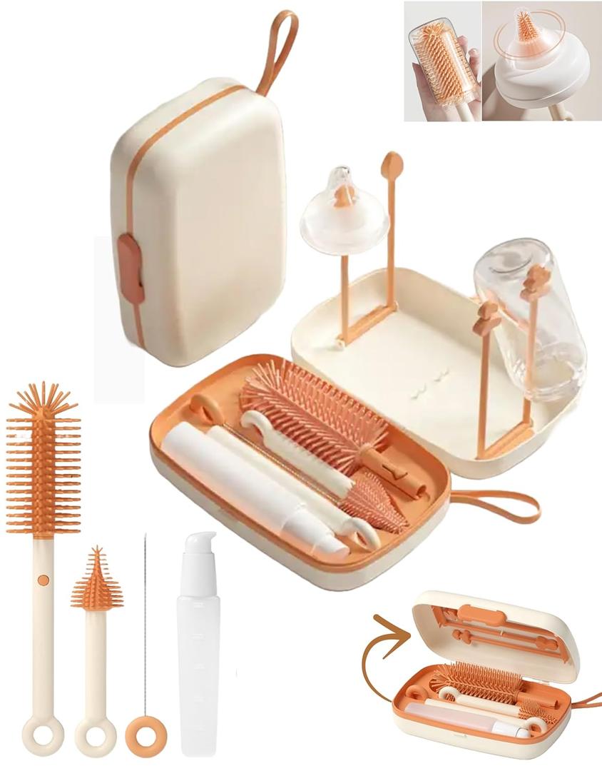 Travel Bottle Cleaner kit, 7in1 Baby Toddler Travel Essential Silicone Bottle Brush Set, Nipple, Drying Rack, Straw, & Breast Pump Cleaning, Soap Dispenser & Organizer Case, Gift for Mom (Orange)