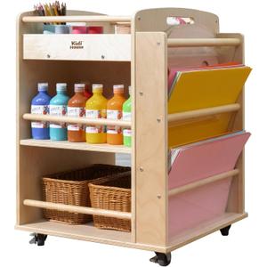 Art Activity Cart Wooden Rolling Utility Cart with Wheels 3-Tier Art Cart Organizer for Kids Multi-Functional Movable Birch Storage Cart Art and Crafts Supply Shelf Montessori Furniture