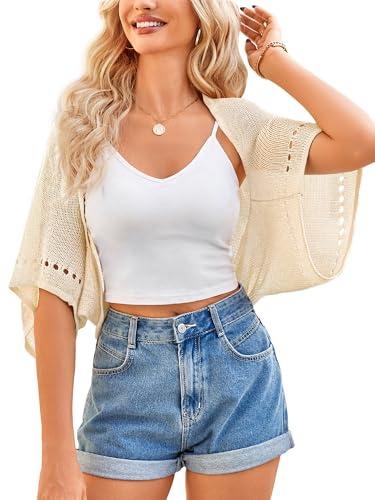 BB&KK Womens Summer Cardigan Crochet Shrug Bolero Sweaters Lightweight Batwing Sleeve Open Front Hollow-Out Cropped Knit Cover Up Ivory M 