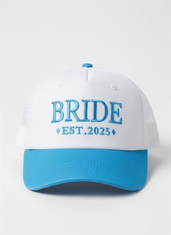 Fetti White + Blue Bride Trucker Hat | Bachelorette Accessory, Bridal Headwear, Bach Party Decorations, Bridesmaid Gift, Wedding Cap