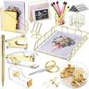 Yaomiao 13 Pcs Desk Accessories Kit Organizer Office Supplies Women Back to School Gift Acrylic Stapler Staple Remover Tape Holder Pen Cup Magazine File Letter Clip Phone Holder Scissor(Gold)