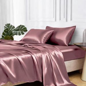 MR&HM Satin Bed Sheets, Full Size Sheets Set, 4 Pcs Silky Bedding Set with 15 Inches Deep Pocket for Mattress (Full, Rose Taupe)