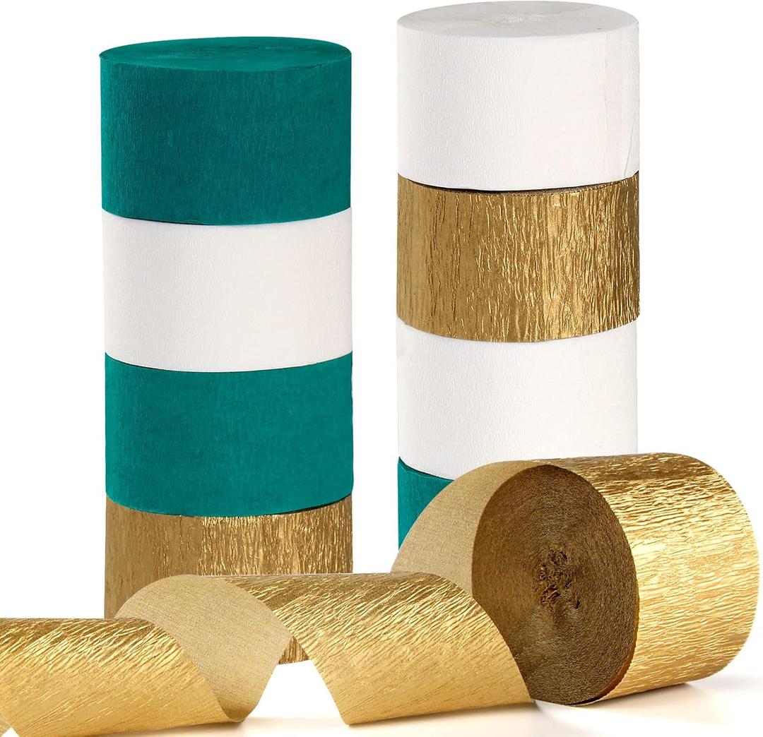 Teal-Turquoise White Gold Party-Decorations Streamers - 9 Rolls Woman Girl Birthday Crepe Tissue Paper Streamer Graduation Wedding Bachelorette Engagement Bridal Baby Shower Garland Decor Panduola