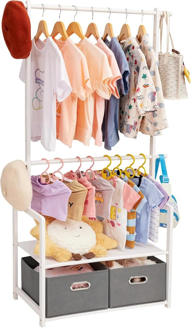 Kids Clothing Rack Bamboo with 2 Storage Baskets and 2 Adjustable Hanging Rods,Child Garment Holder with Shelf, Dress up Stand for Playroom,Toddlers Bedroom (White)