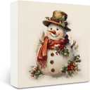 Vintage Christmas Holly Berry Snowman Wooden Box Sign Desk Decor, Rustic Winter Snowman Christmas Wood Block Sign for Home Office Desk Table Shelf Wall Decorations, 5x5 Inch