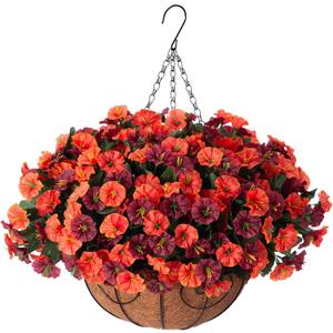 Artificial Hanging Flowers with Basket, Faux Silk Petunias Flower Arrangement, Coconut Lining with Morning Glories Fake Plants Patio Garden Porch Deck Spring Summer Decor(Orange Brown)