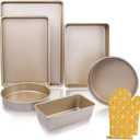 Kitcom Nonstick Bakeware Sets Textured 6-Piece with Cookie Sheet Set, Roasting Pan, Round Cake Pan, Loaf Pan, Heavy Duty Carbon Steel Premium Baking Pans, Champagne Gold