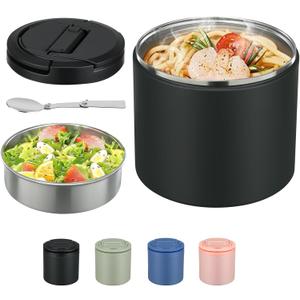 Soup Thermo for Hot Food Adults 40oz Lunch Containers Wide, Thermo Insulated Containers Leak Proof Vacuum Stainless Steel With Carry Handle and Spoon BPA Free (black)
