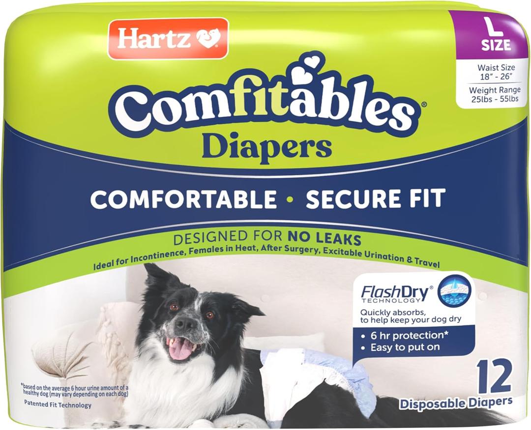 Hartz Comfitables Disposable Dog Diapers, Size Large 12 Count, Comfortable & Secure Fit, Easy to Put On, Super Absorbent Male and Female Diaper