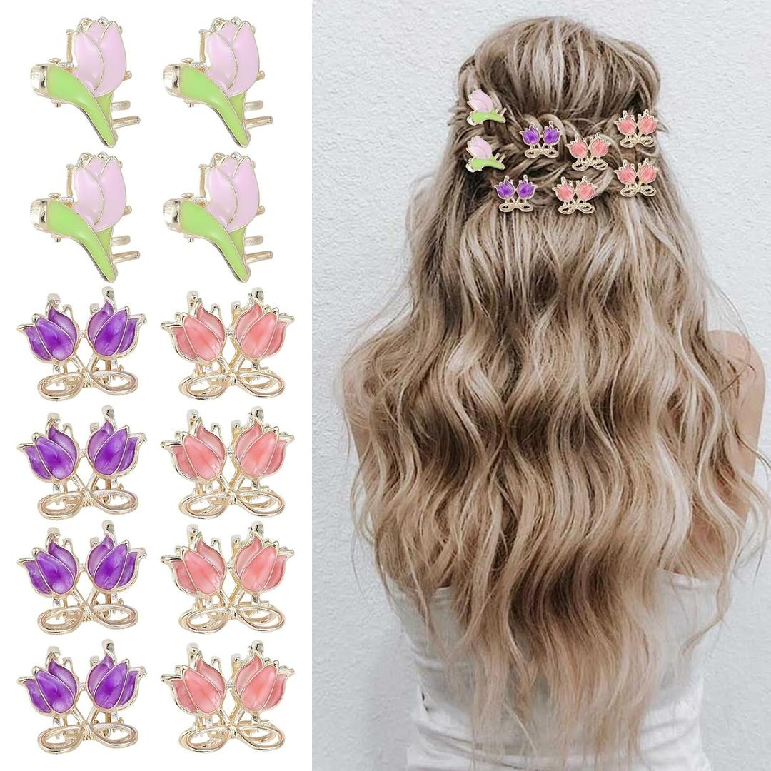 2 x Mini Hair Jaw Clips 12Pcs Sparkling Metal Flower Barrettes Non-Slip Metal Sparkly for Teens and Women Cute Hair Accessories (Pink)