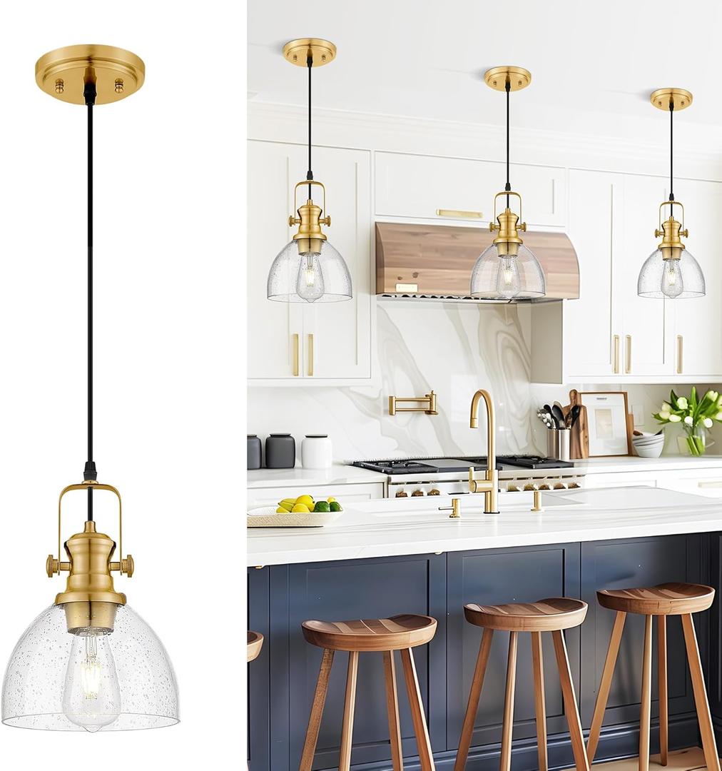 Pendant Lights Kitchen Island, 7.5" Farmhouse Pendant Lighting with Clear Seeded Glass Shade, Vintage Hanging Light Fixtures for Dining Room, Brushed Gold, AD-22151-1P-GD