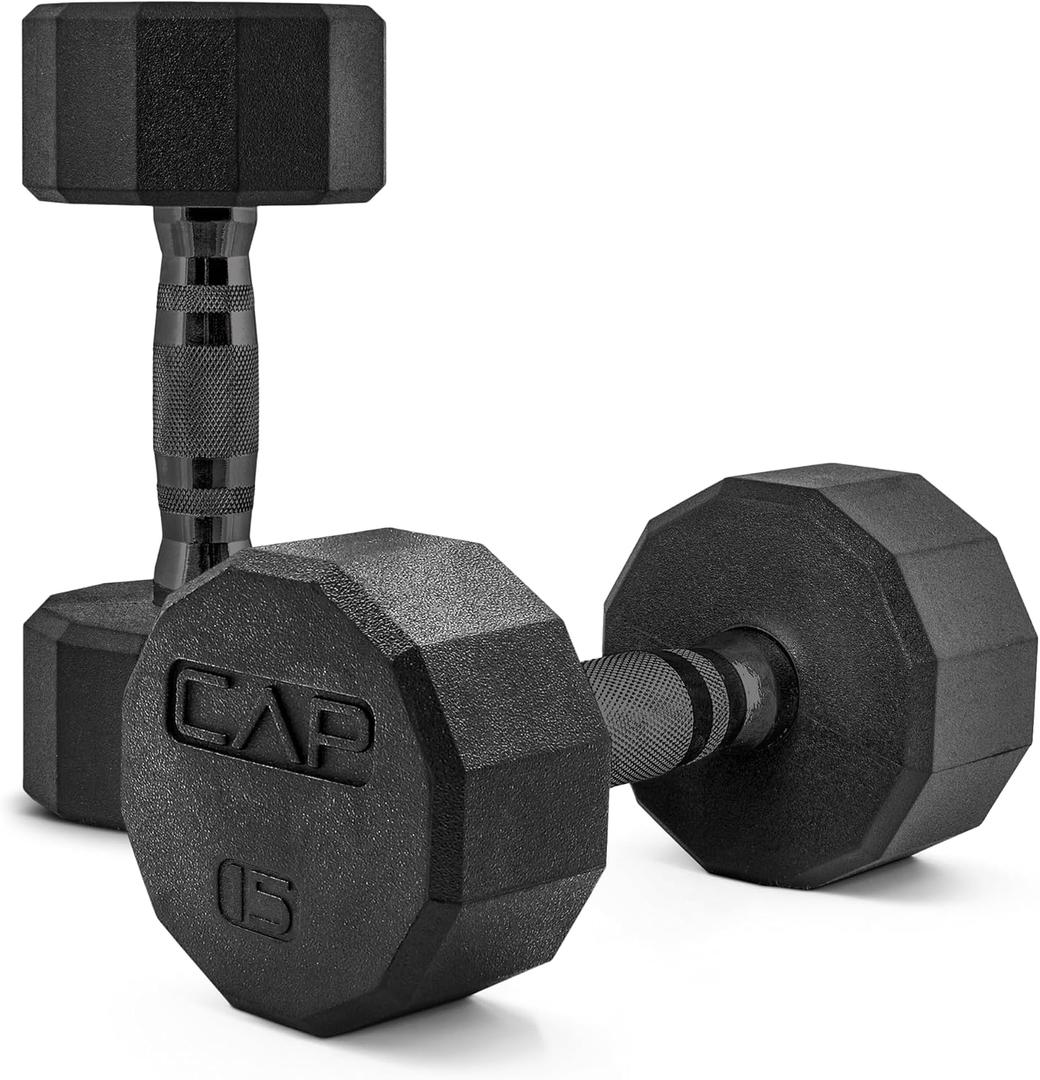 CAP 15lb Rubber Coated 12-Sided Dumbbell, Black Grip, Free Weights, Pair