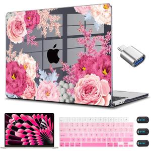 CISSOOK Floral Case Cover for MacBook Air 15 Inch 2023 2024 2025 2026 Release A2941 A3114 A3241 A3448, Hard Shell Case with Keyboard Cover USB Adapter for MacBook Air 15" M2 M3 M4, Gorgeous Flowers