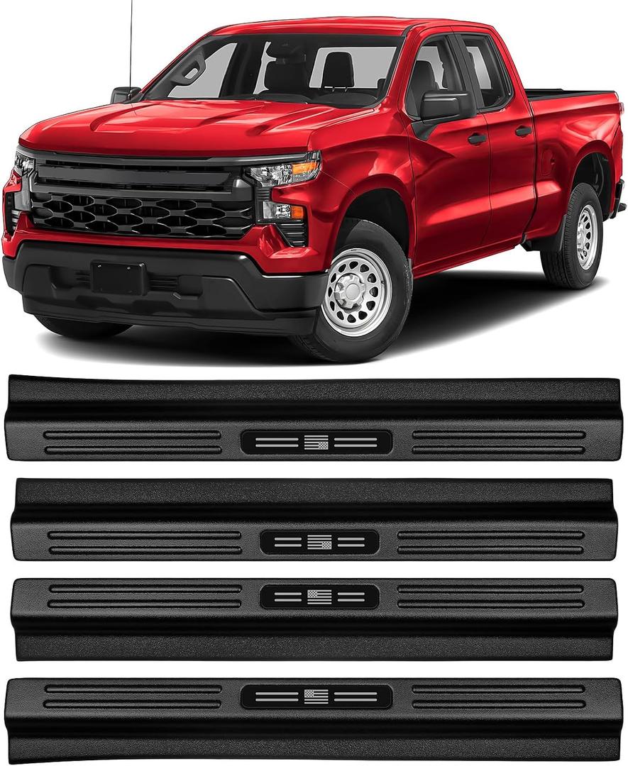 Upgraded American US Flag Door Sill Guards Protector for Chevy Silverado GMC Sierra 1500 2019-2026 Front and Rear ABS Door Sill Protector Entry Guard Car Pedal Kick Exterior Accessories