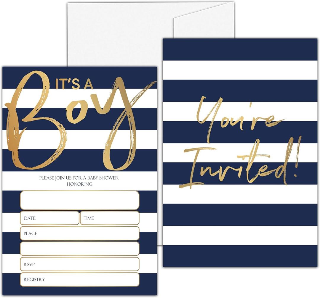 Baby Shower Invitations for Boys, Modern Minimalist Baby Shower Invites for Boy, Navy and Gold Baby Boy Shower Invitation (4"" X 6""), 25 Baby Sprinkle Invitation Cards -YQK09