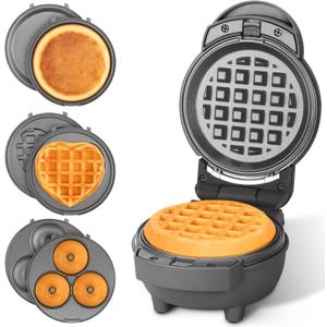 Baker's Friend 4 in 1 Mini Waffle Maker with Removable Plates, Set Includes Mini Pancake, Donut, Heart Shape Waffle Makers, Compact Size, Recipe Included, Graphite