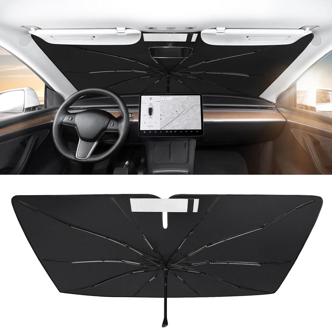 BASENOR 2017-2026 Telsa Model 3 Model Y Windshield Sunshade [Nano Ice Crystal Particle] Umbrella Front Window Sun Shade [No Gaps] Coating 100% Heat Protection Retractable Sunshades Telsa Accessories