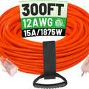 POWGRN 300 ft 12/3 Outdoor Extension Cord Waterproof Heavy Duty with Lighted End 12 Gauge 3 Prong, Flexible Cold-Resistant Long Power Cord Outside, 15Amp 1875W SJTW Orange ETL Listed