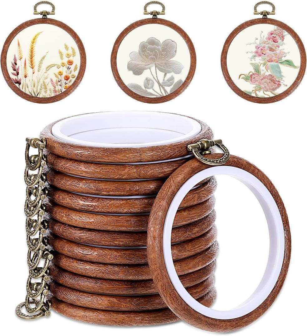 Oqqlin 12 Pcs Embroidery Hoop, 3 Inch Round Small Embroidery Hoops Rubber Imitation Wood Cross Stitch Hoop Cross Stitch Hoops Ring for Sewing, DIY, Craft, Hanging Ornaments