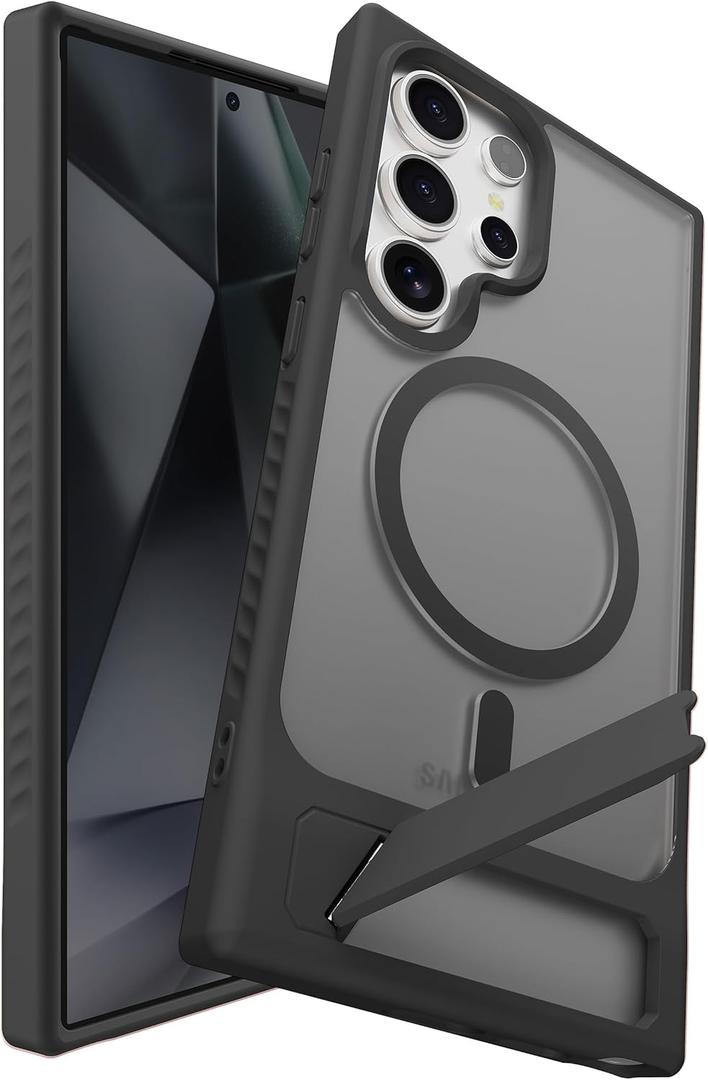 Magnetic for Samsung Galaxy S24 Ultra Case with Kickstand, Compatible with Mag-Safe, Slim Shockproof Grippy Translucent Matte Phone Cover, Built in Invisible Stand, Black