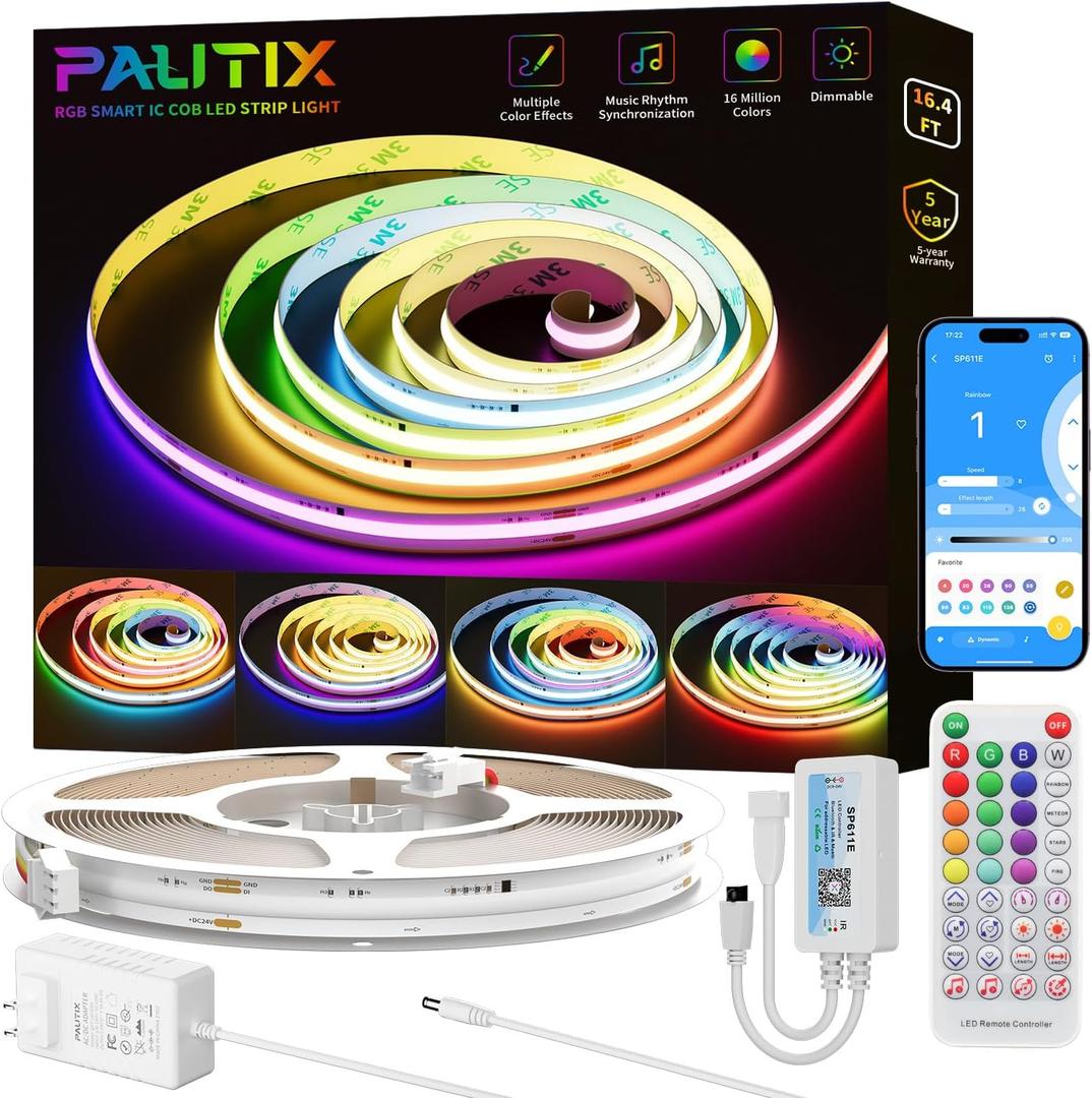 PAUTIX RGB Smart IC COB LED Strip Light,Addressable RGB COB LED Lights 16.4ft,UL-Listed 24V Color Flowing Chasing Effects Strip Lights Multicolor Flexible Color Changing Tape Light,for Bedroom,Party