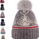 Kids Winter Knit Beanie Hat for Boys Girls Age 3-8 with Faux Fur Pom Warm Fleece Lined
