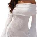Unybwonn Women's Off Shoulder Mini Short Dress Bodycon Long Sleeve Crochet Sexy Going Out Mesh Elegant Sweater Dresses (White), Small