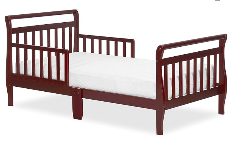 Dream On Me Classic Sleigh Toddler Bed in Cool Red Baby Safety Alliance Certified, Low-to-Floor Design, Non-Toxic Finish, Wooden Safety Rails, Red Wood