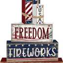 Britimes 4 Pcs Patriotic Tiered Tray Decor Set, 4th of July Table Sign Farmhouse Red White Blue Rustic Wooden Block Stack Sign for Home Fireplace Mantel (Independence Day Fireworks)