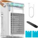 Mini Air Conditioner, Rechargeable Built-in Battery, Portable Evaporative Air Cooler w/Remote, 7H Auto-off, Water Tank & 2 Ice Packs & 2 Sprays, Personal Cooling Fan For DesktopRoom/Outdoor, White