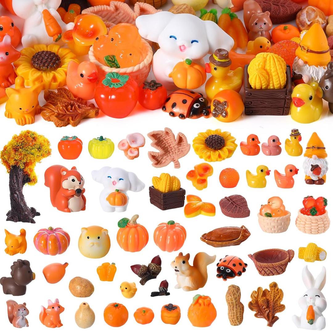 56 Pcs Autumn Mini Resin Figurines Tiny Thanksgiving Day Resin Ducks Mini Animal Statue Suitable for Dollhouse DIY Cake Garden Landscape Aquarium Birthday Party Decoration