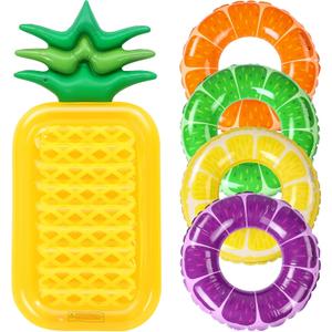 5 Pack Pool Floats Kids Fruit Inflatable Pool Floats Swim Ring Lemon Swim Tube Rings with Inflatable Surfboard for Kids Luau Hawaiian Beach Birthday Party Decoration