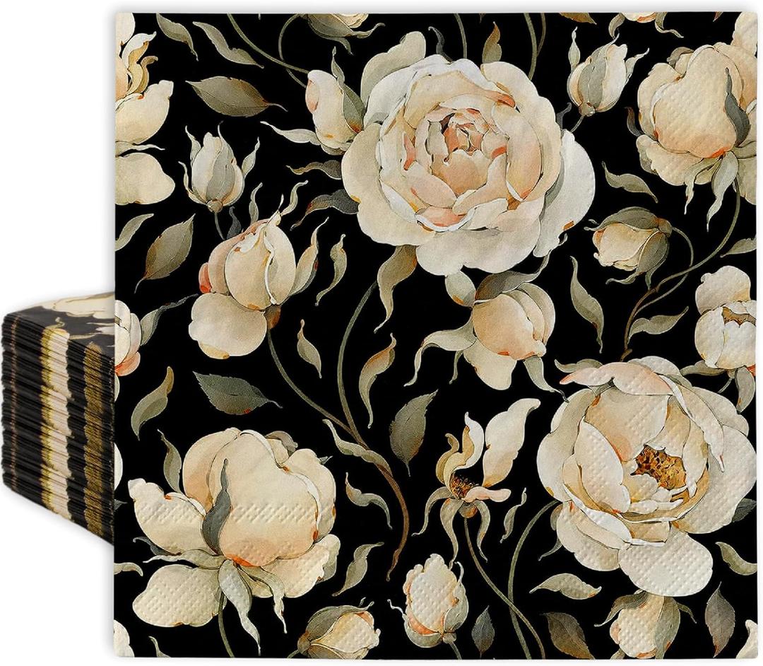 AnyDesign 80 Pack Vintage Floral Paper Napkins Retro Rose Peonies Black Flower Disposable Square Luncheon Dinner Napkins for Party Supplies Table Decor, 6.5 x 6.5 Inch