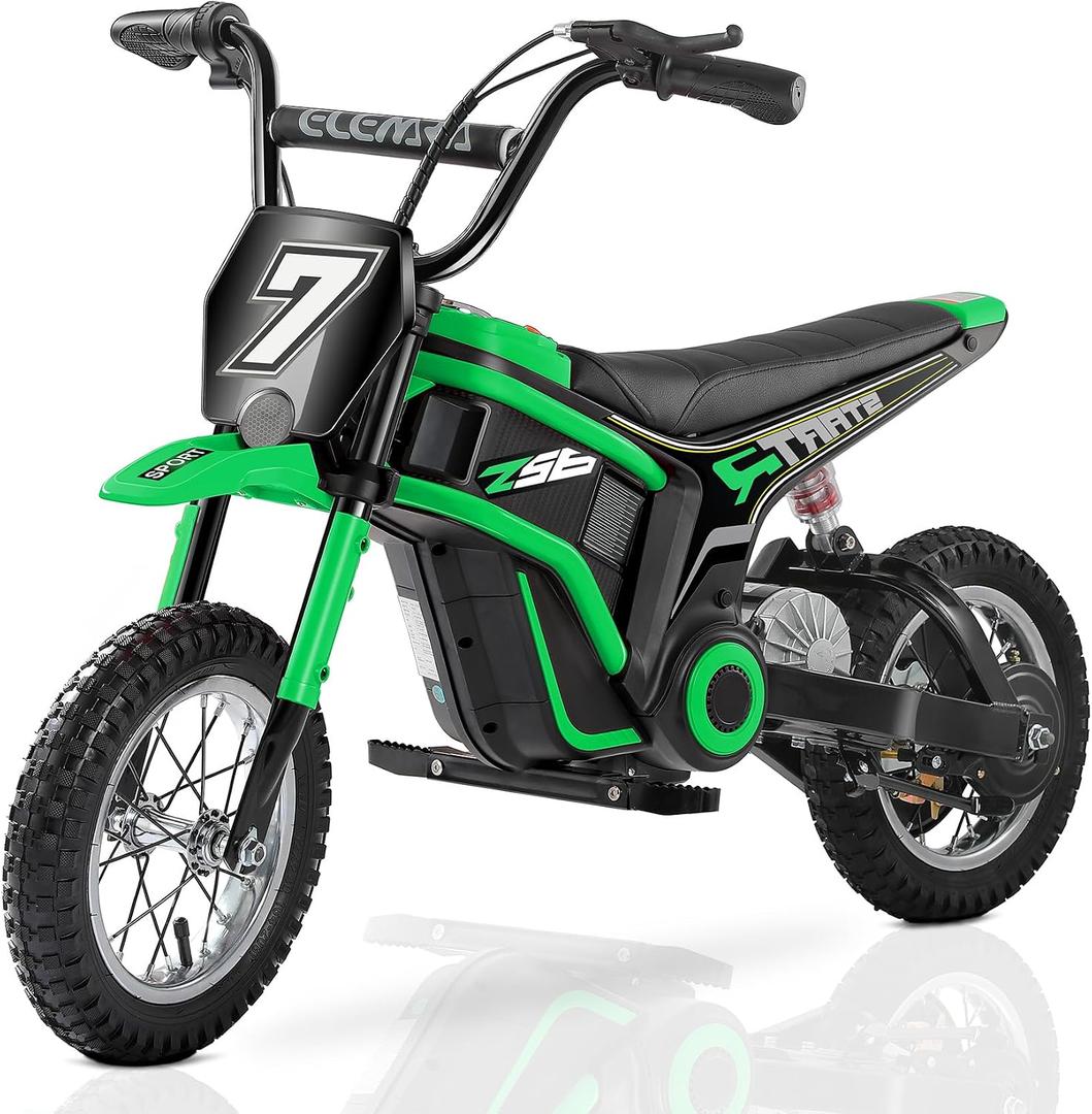 ELEMARA Electric Motorcycle, 350W Eelectric Dirt Bike for Kids, 15.5 mph & 150lb Max, w/Music & Bluetooth, Chain-Driven Motor,Twist-Grip Throttle & Hand-Operated Rear Brake,12" Air-Filled Tires-Green