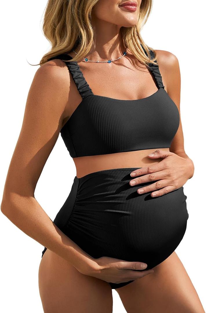 Summer Mae Ribbed Maternity Bikini Swimsuit for Women High Waisted Two-Piece Bathing Suit Crop Top Pregnancy Swimwear (16, Black)